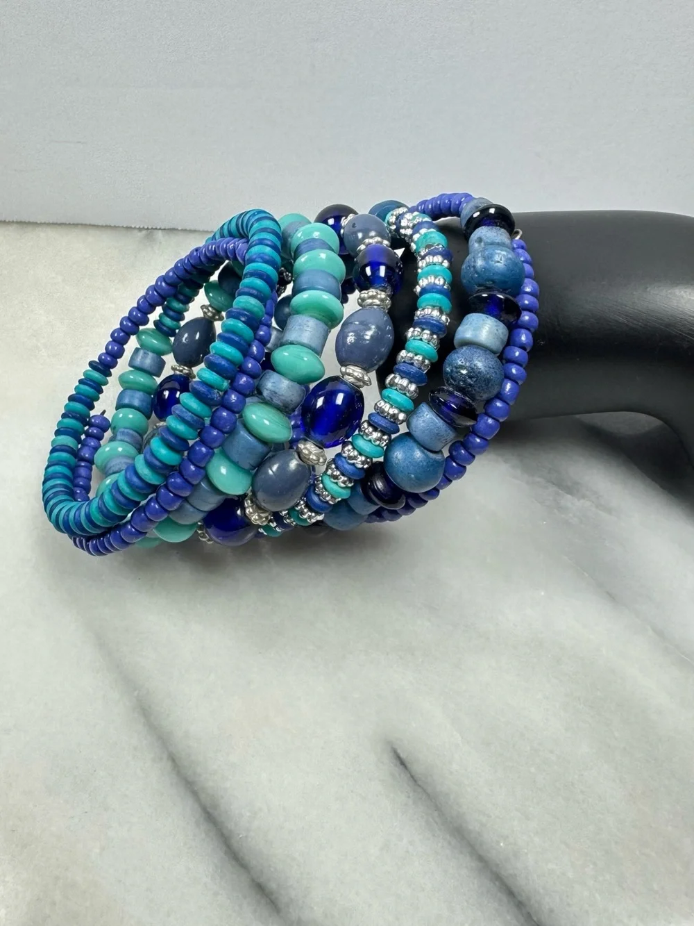 Ocean Hues Multi-Strand Beaded Bracelet Stack - Blue & Teal